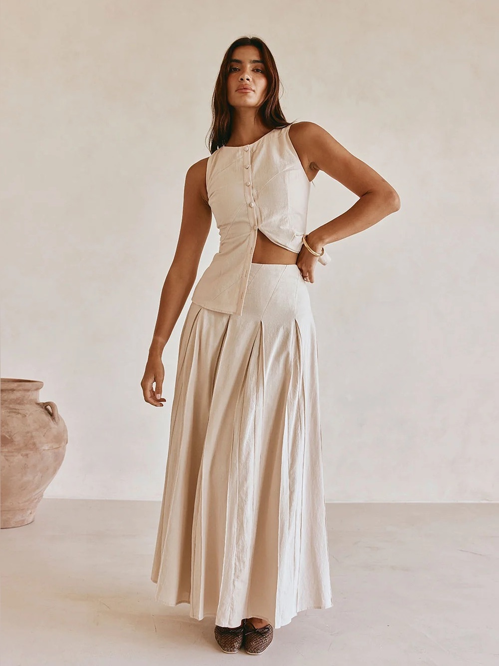 Sabo Skirt Beige Cotton Maxi Skirt Size 4 High Waist Coastal Minimalist